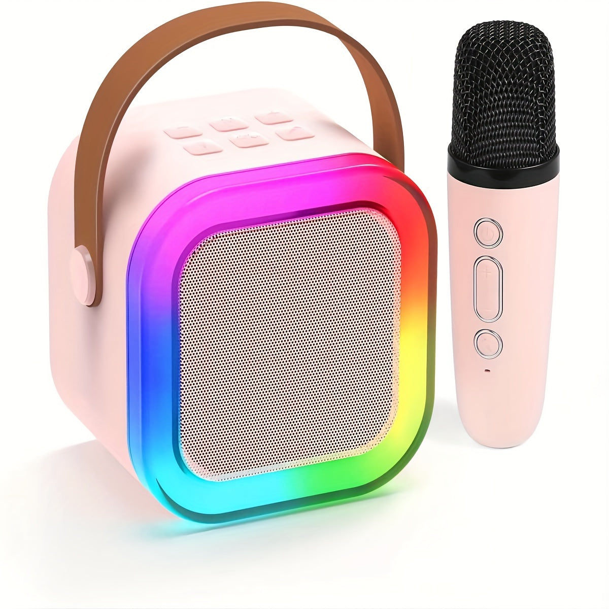 Compact karaoke speaker with wireless microphones, LED disco lights; ideal for home parties and special occasions like birthdays and Valentine's Day.