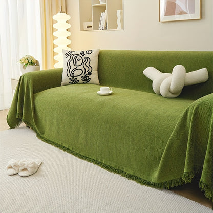 Contemporary chenille sofa throw, waterproof baby fleece cover, universal fit for all-season use. Features tassel embellishment and is machine washable. Made of 100% polyester, suitable for various furniture sizes in different rooms.