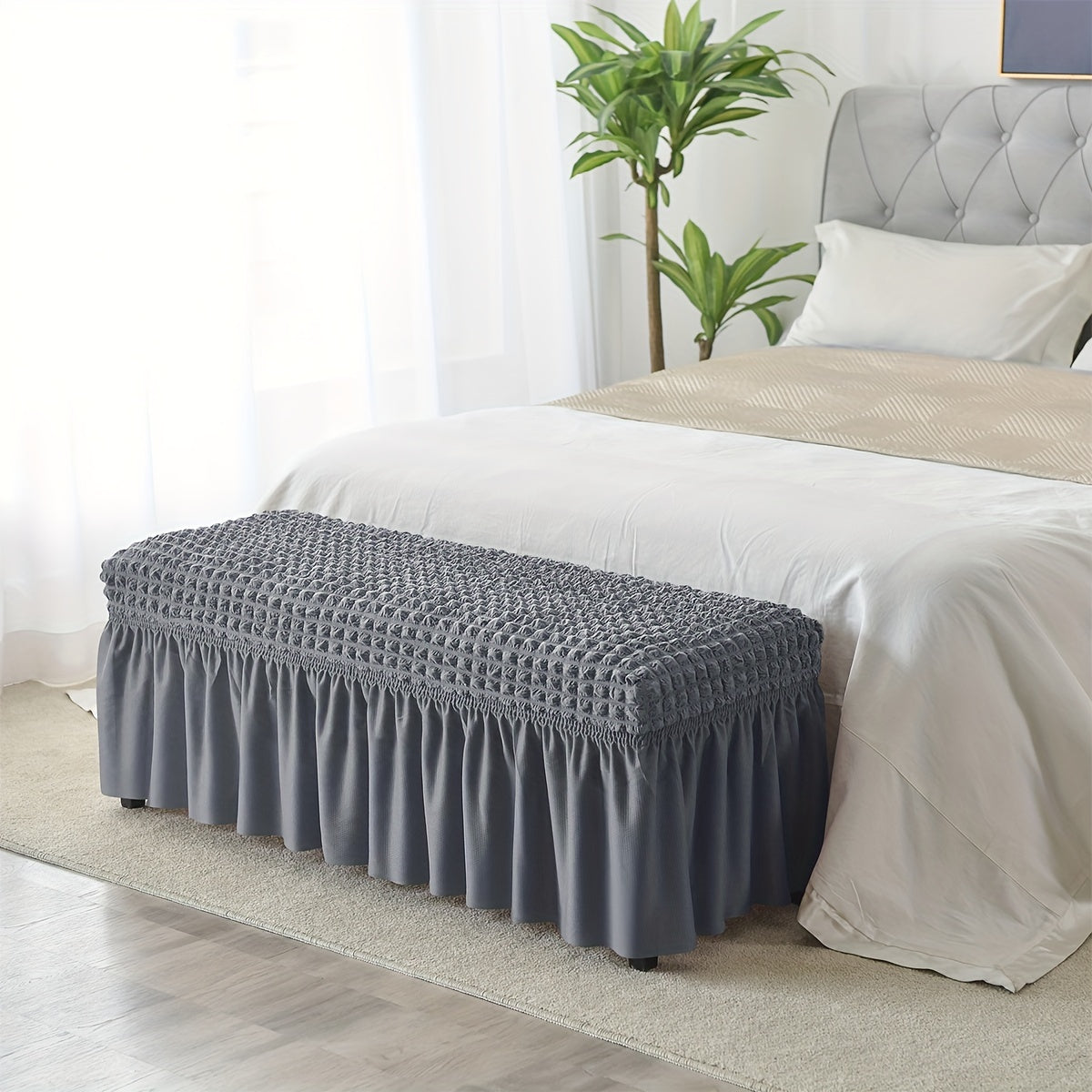 Protect your furniture in style with our durable seersucker bench cover, the perfect home decor accessory for any bedroom, office, or living room.