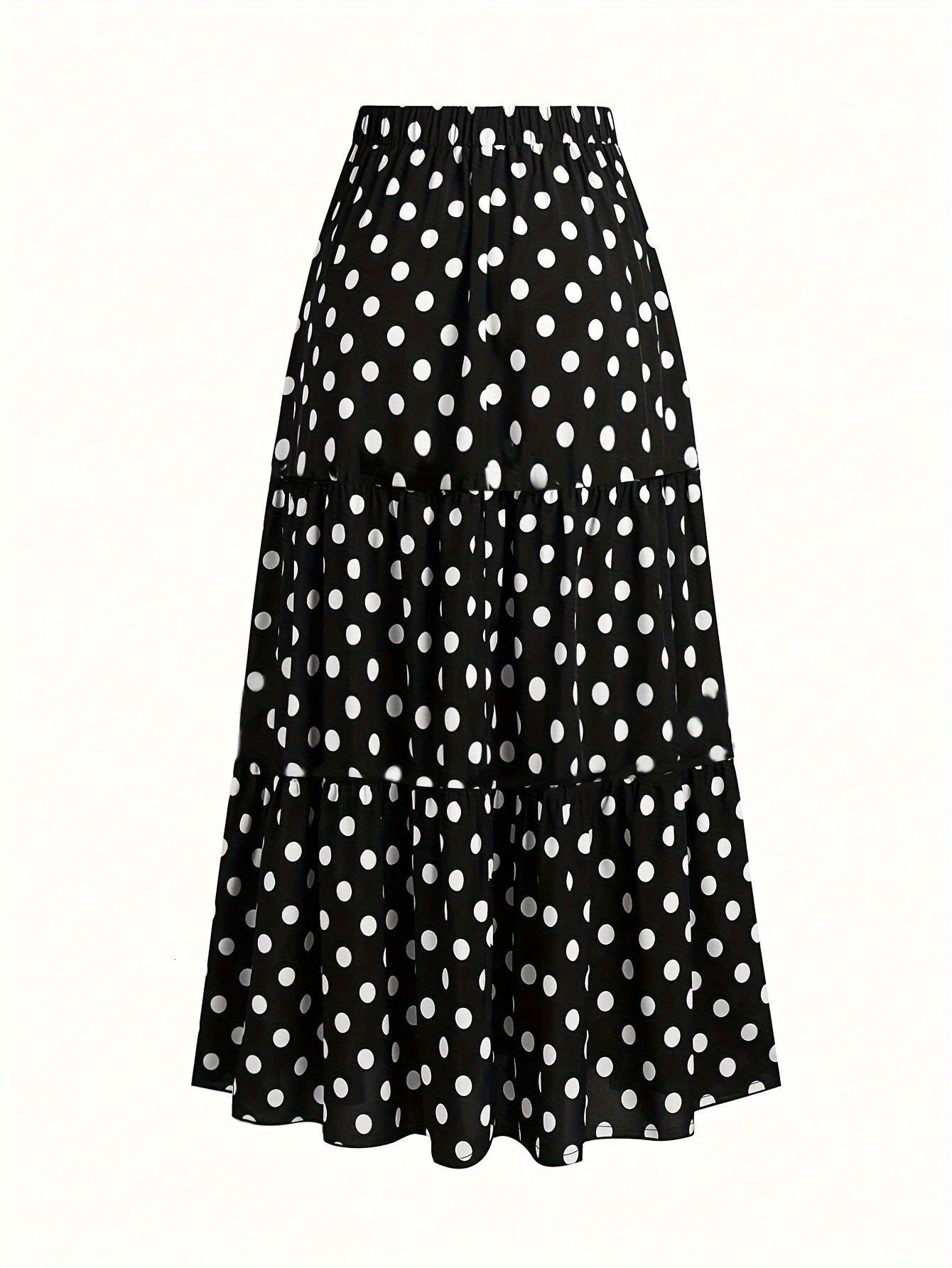 Plus Size Women's casual red and white polka dot tiered long skirt - non-stretch fabric, perfect for Spring/Summer/Fall.