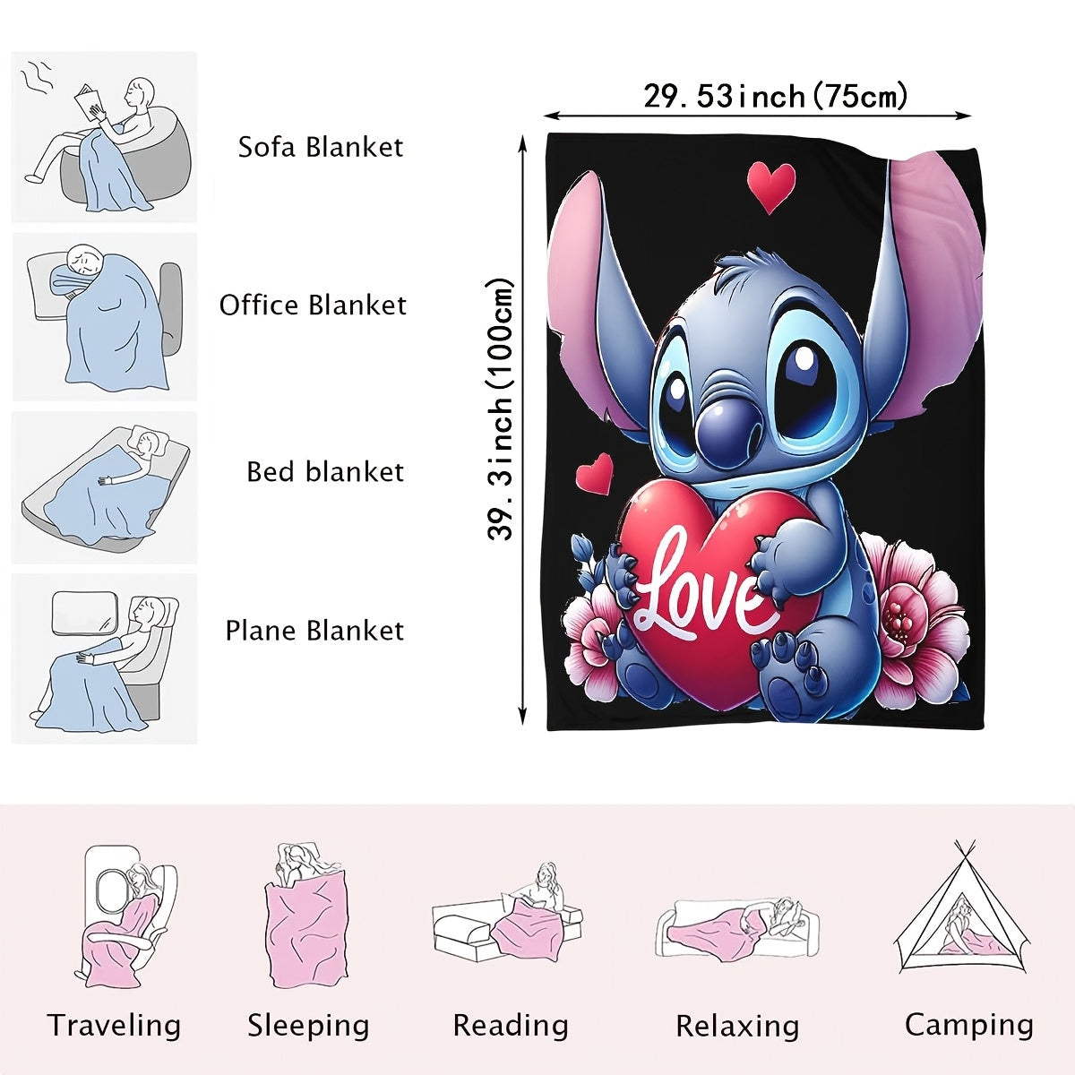 This Flannel Throw Blanket features a cute Stitch Cartoon Love Heart design, making it a perfect addition to any room. It is made of soft and cozy all-season multipurpose digital print fleece, crafted from 100% polyester and weighing 200-250g. The