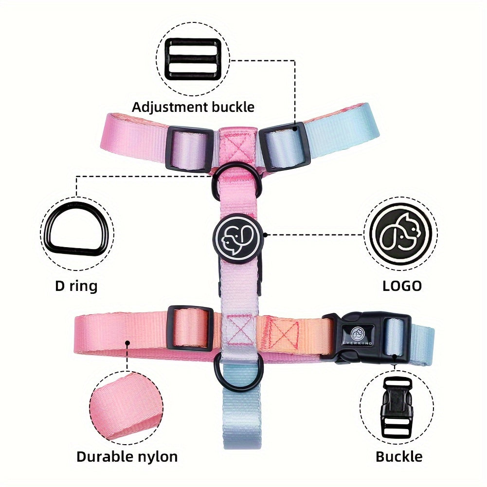 Adjustable and durable dog harness for small to medium dogs with gradient pastel design. Features secure buckle, handle, and polyester material. Ideal for outdoor activities. Hand-wash only.