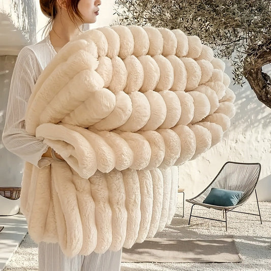 Soft, warm, and luxurious, this contemporary double-sided faux rabbit fur throw blanket is perfect for cuddling up on the couch or bed. Made of polyester knit, it is machine washable for easy care. Whether you're at home or on the go, this all-season