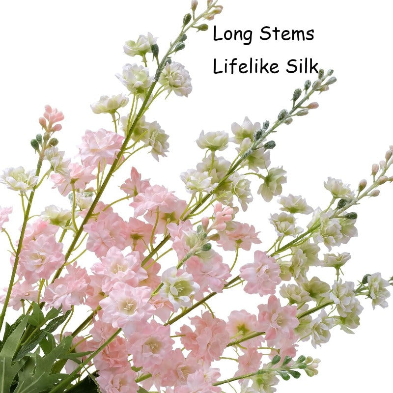 4 pink artificial Delphinium flowers for decoration with a lifelike, realistic touch. Ideal for tall vases in home, wedding or office.