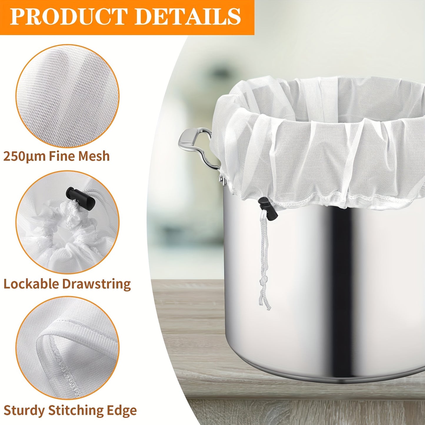 Large, durable brewing bag with fine mesh strainer - 66.04cm x 55.88cm, adjustable drawstring for home brewing. Great for hops, grains, and fruit wine beer making supplies.