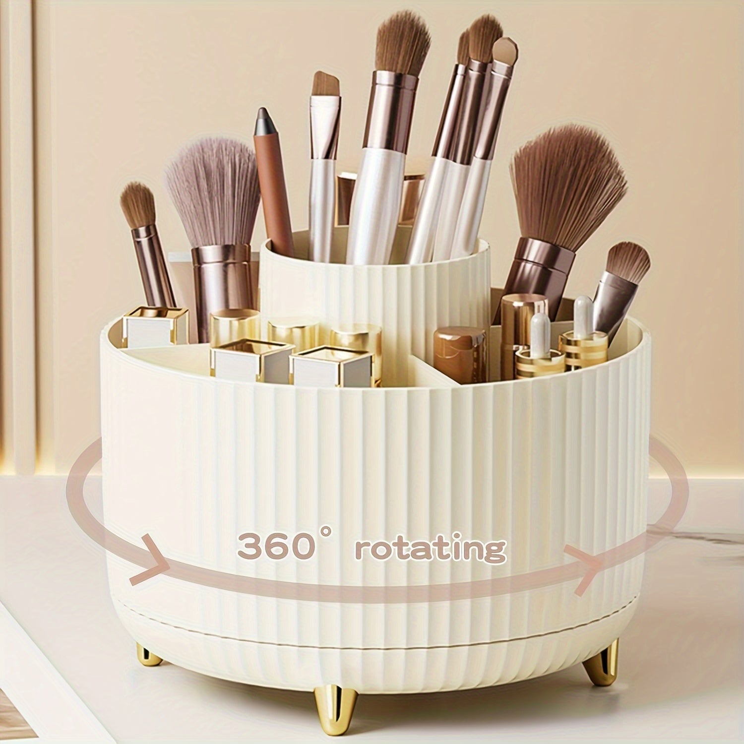 Makeup brush organizer with 360° rotation and 5 compartments for brushes, lipsticks, and stationery. Made of hypoallergenic plastic.