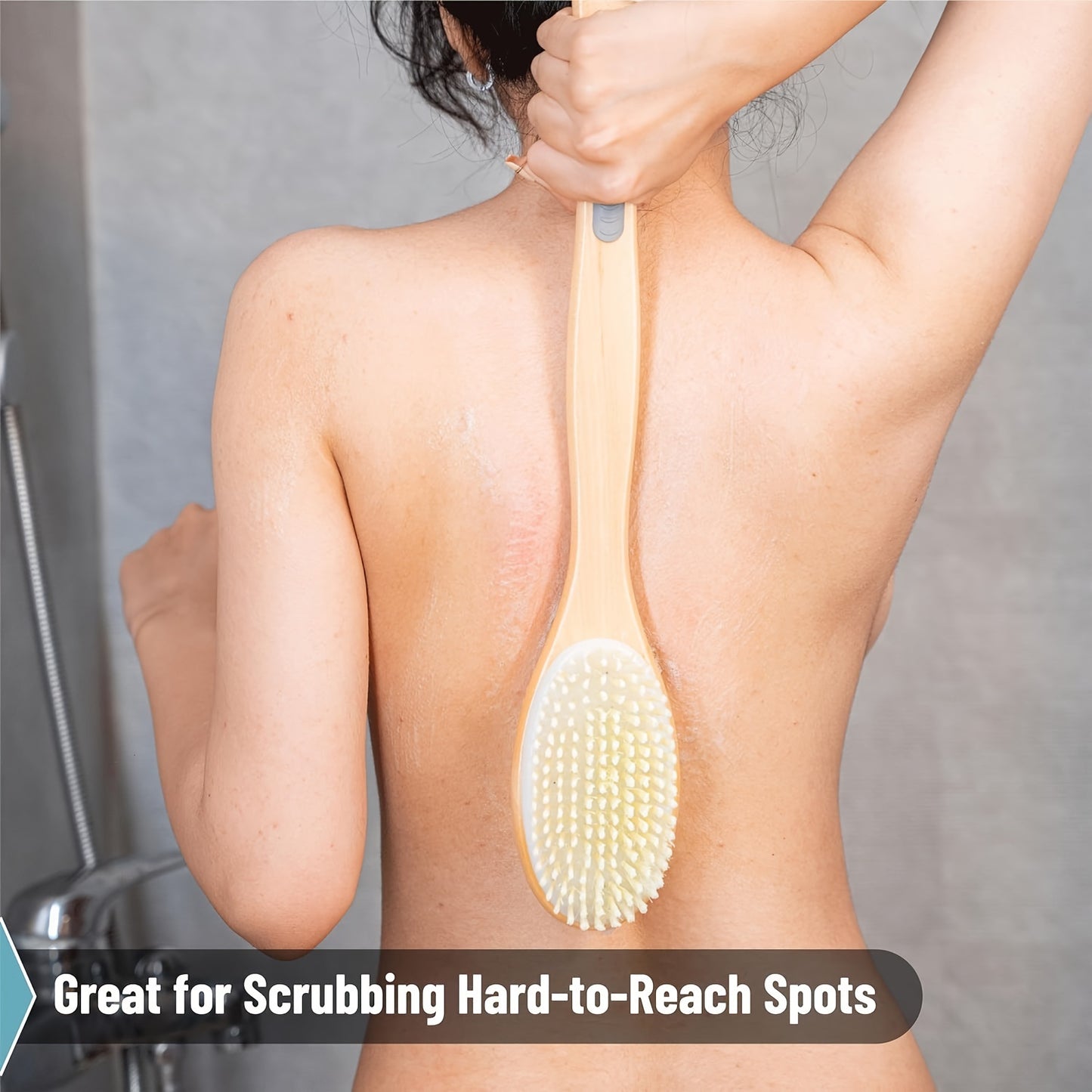 Long-handled dual-sided shower brush for deep cleaning and exfoliating, suitable for lotion application without needing power.