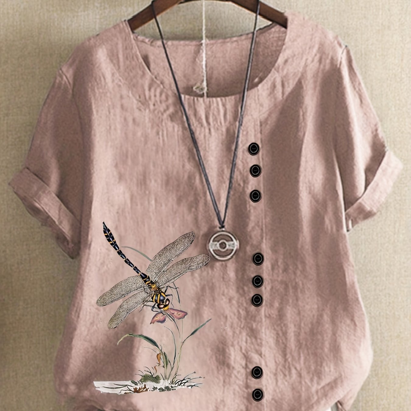 New style casual loose linen printed short-sleeve pullover shirt for plus-size women.