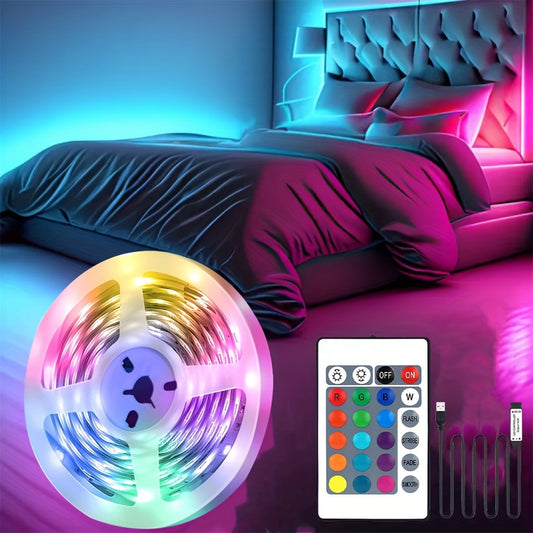 Color-changing RGB LED strip lights with remote control, USB powered for easy installation and adjustable brightness. Perfect for bedroom and home decor.