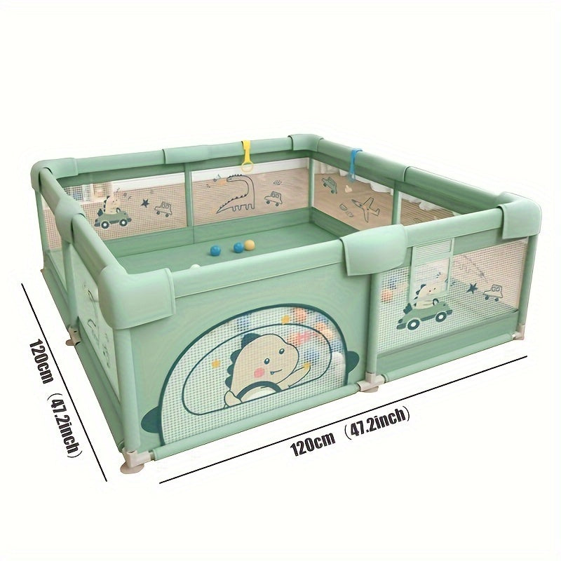 Green metal playpen with a spacious play yard, suitable for indoor and outdoor use. This sturdy safety play area is designed for kids' activities, offering a child play zone that requires assembly.