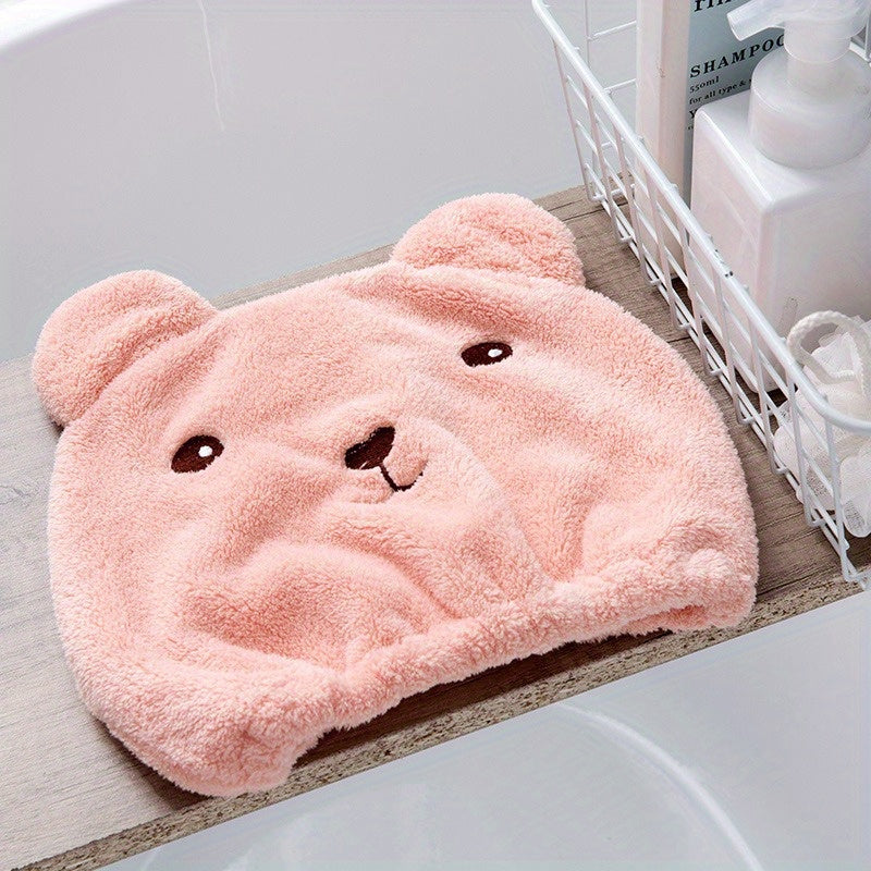 Modern cartoon bear hair towel made of thickened coral fleece, absorbent, fade resistant, lightweight quick-dry cap.