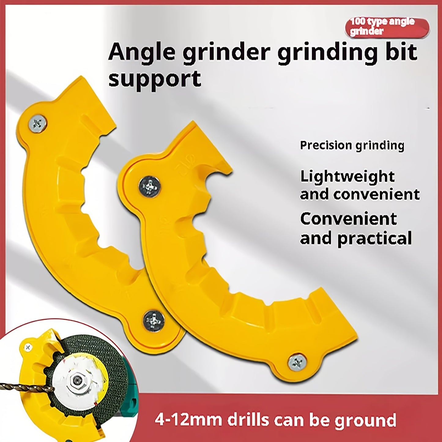 Universal drill bit sharpener compatible with all drill bits and angle grinder accessories.