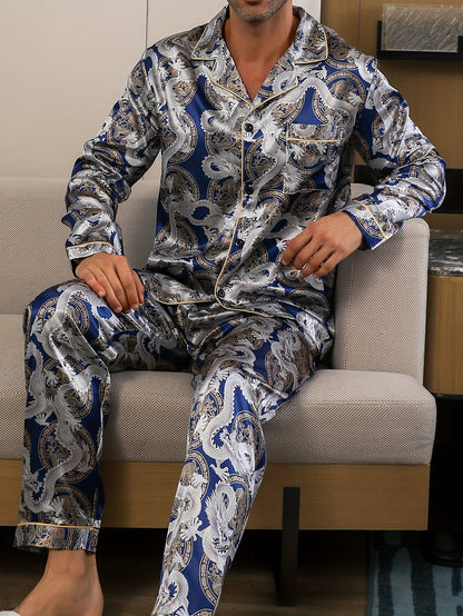 Men's Dragon Totem Print Pajama Set with Pockets includes collared top and pants made of polyester blend with a loose fit for spring/summer/autumn.