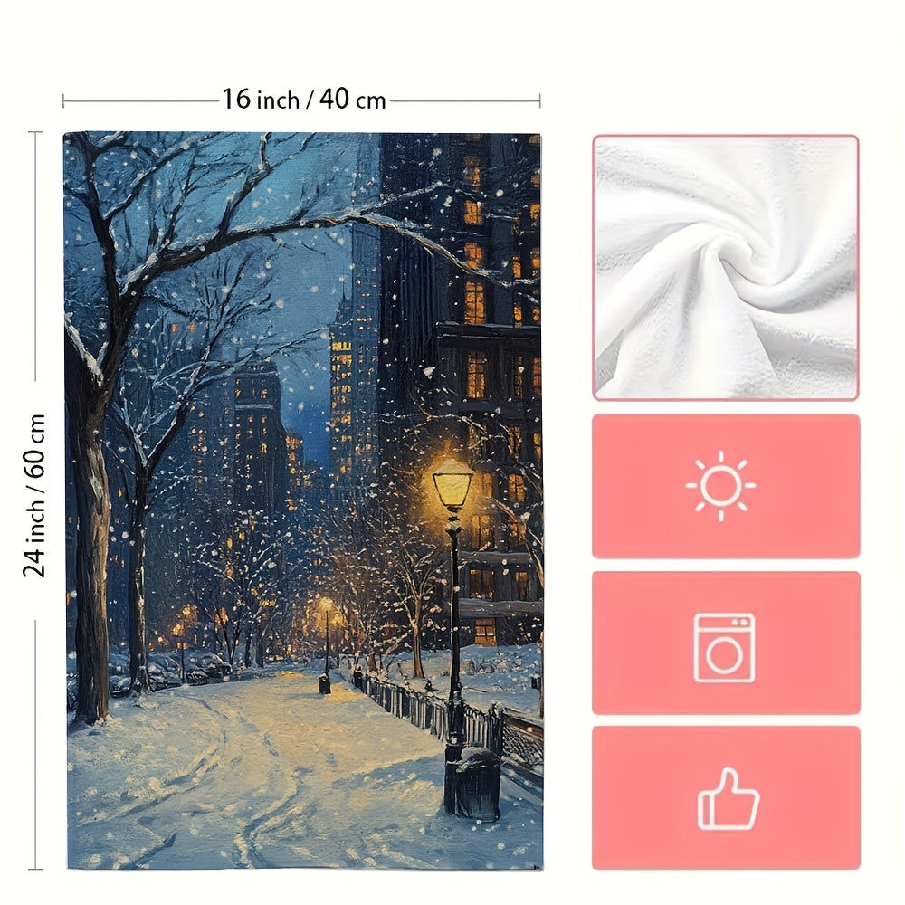 Enjoy the luxury of 2 ultra soft kitchen towels featuring a "Tranquil Snowy Night in City" scene. These highly absorbent and machine washable dish hand towels measure 40.64x60.96 cm and are perfect for adding a touch of holiday decor to your kitchen.