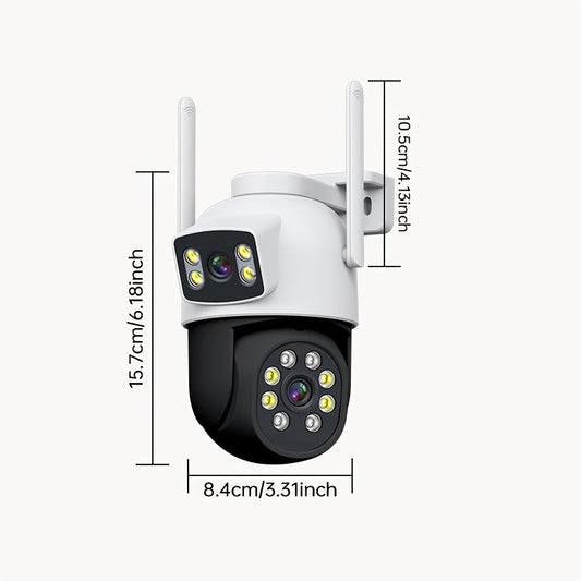 Ikki Dual Lens xavfsizlik kamerasi - 5G simsiz WiFi, 4MP HD, Pan/Tilt, Insonni kuzatish, Ikki tomonlama audio, Rangli tungi ko'rish, IP65 suv o'tkazmaydigan, USB quvvatlanadi va Eseecloud ilovasidan foydalanadi.