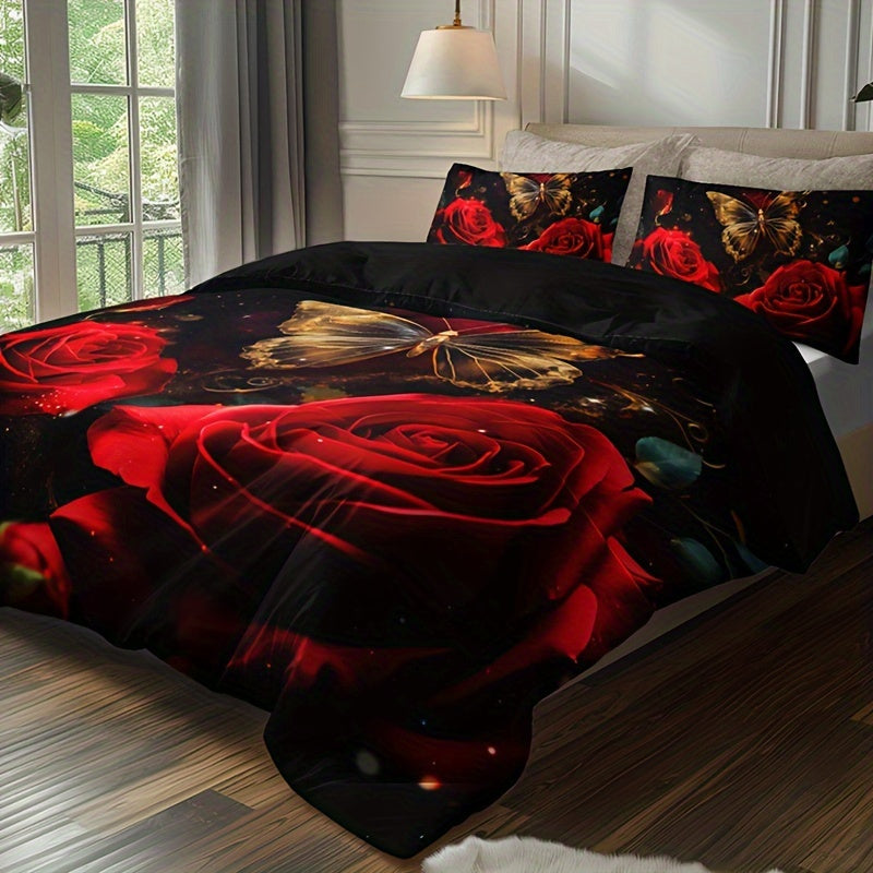 3-piece Romantic Rose Butterfly 3D Duvet Cover Set with 2 Pillowcases. Soft and breathable with HD printing for home or dorm decor.