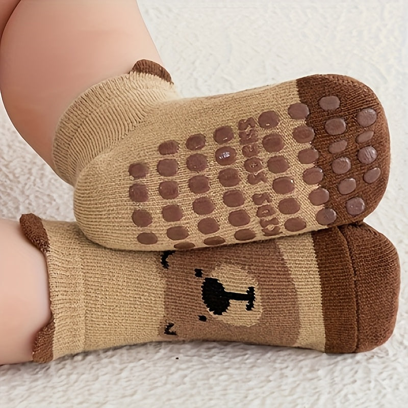 6 pairs of cute cartoon animal cotton blend non-slip kids socks with grip dots, perfect for all seasons.