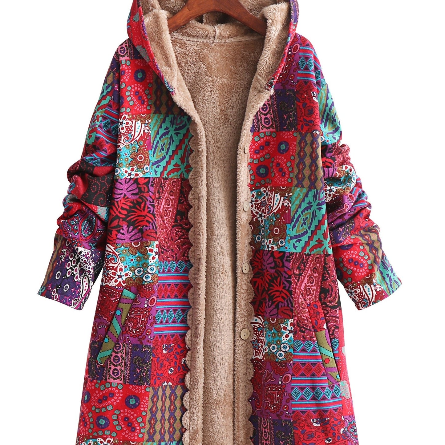 Fleece-lined hooded coat with colorful paisley & floral print, button front, long sleeve for women, machine washable.