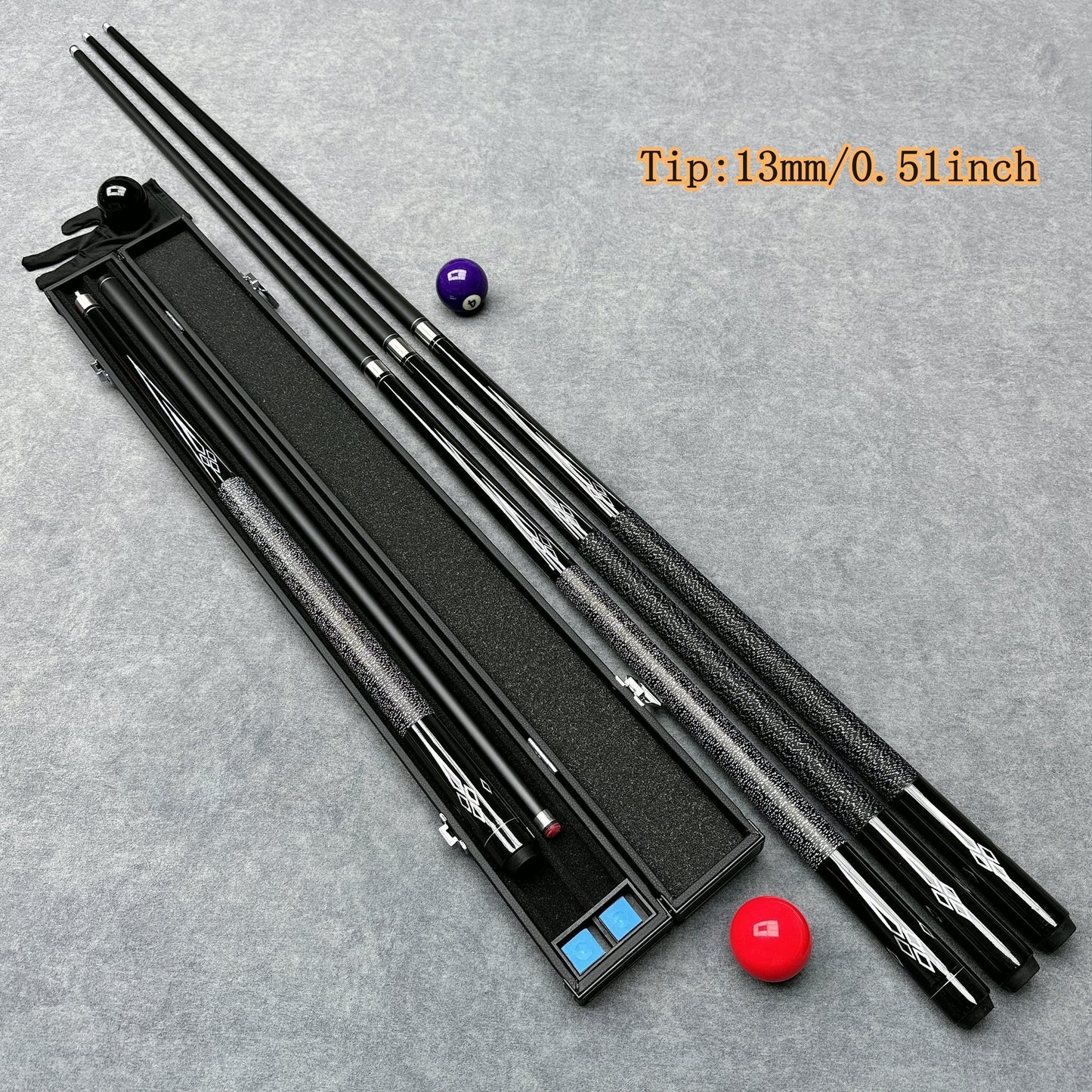 Billiard Cue Set includes 1 premium cue, 1 high-quality cue box, and 2 pieces of gun powder. The cue features a carbon forearm, non-slip line grip, and excellent hitting effect. Length