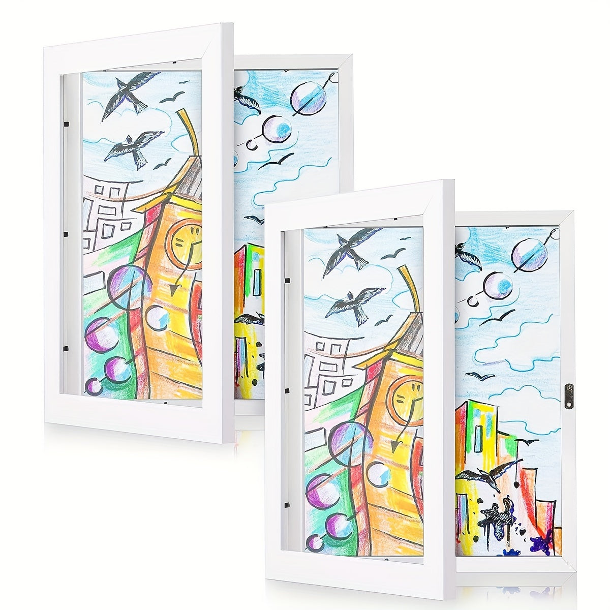 Two wooden wall-mounted flip frames with transparent glass and magnetic closure for displaying artwork, doodles, awards, and certificates in a classic style.