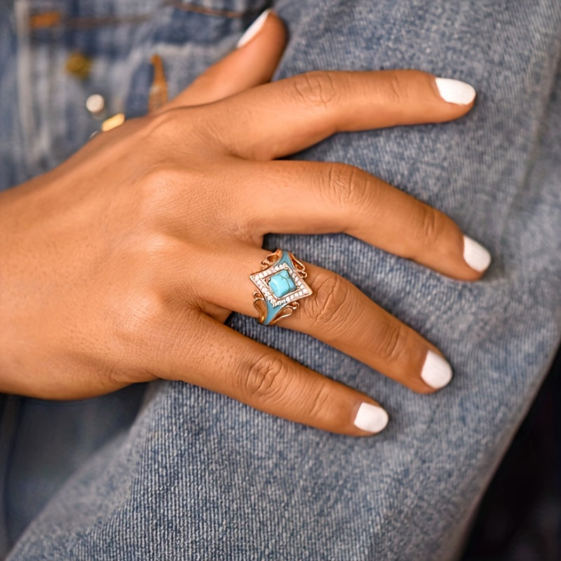 Vintage Jewelry for Women: Bohemian Glamour with Electroplated Rose Gold, Synthetic Turquoise, and Imitation Zirconia Ring Perfect for Engagement, Wedding, and Anniversary Celebrations