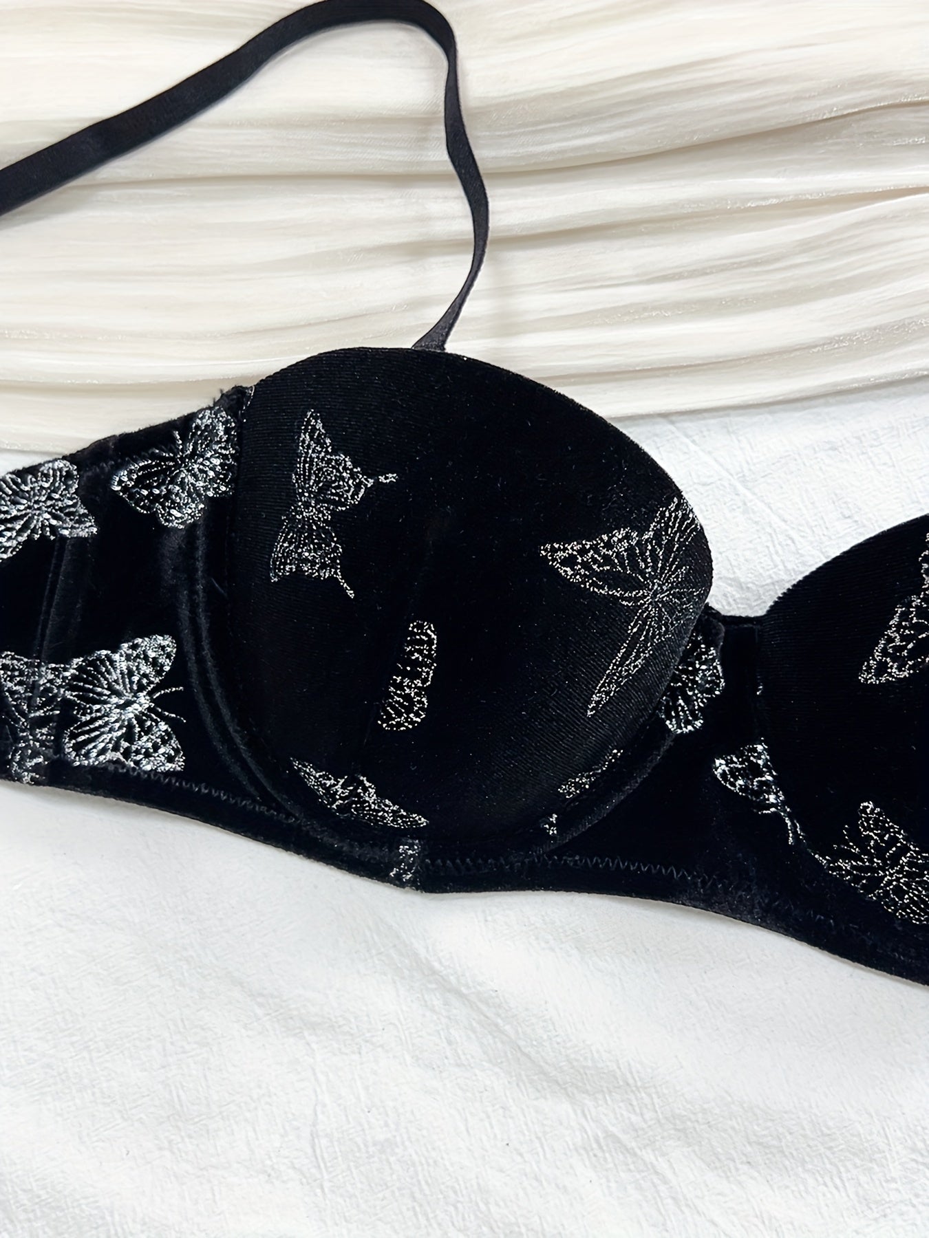 Velvet butterfly print cami bra and panties set, sexy lingerie for women.