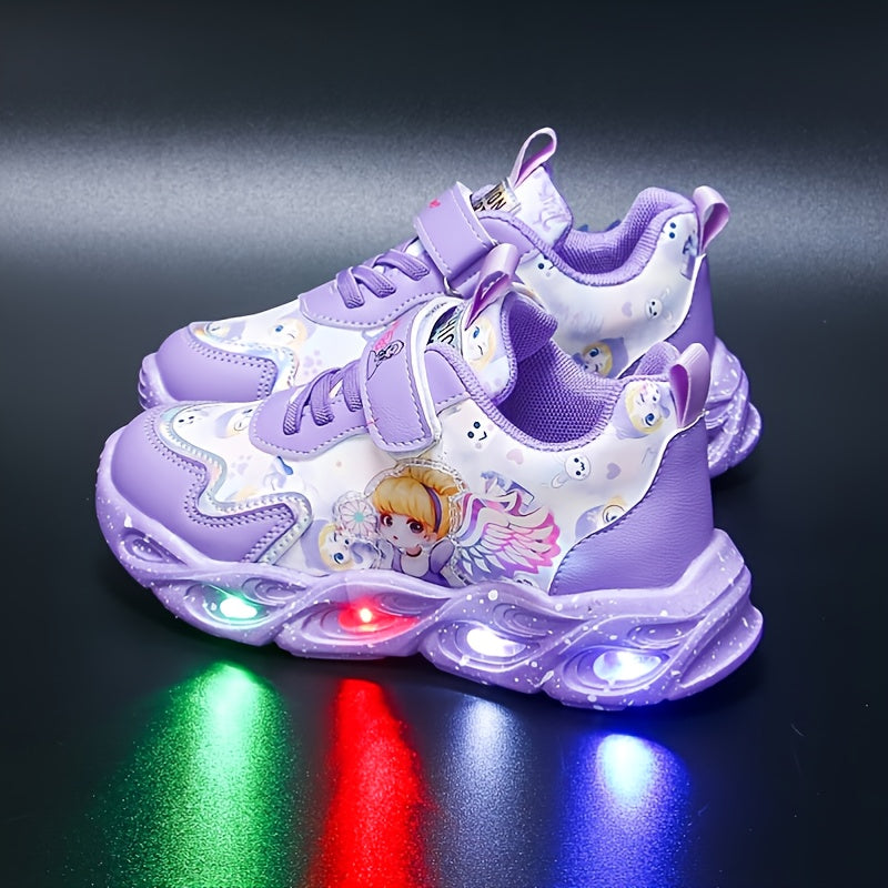 Girls' low top running shoes with glittering design, buckle closure, and lightweight microfiber synthetic construction for kids aged 14 and under.