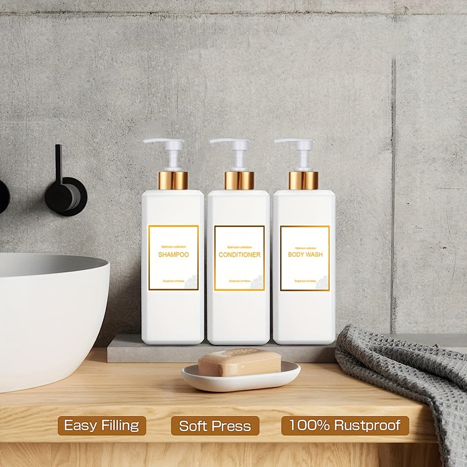 3-piece soap dispenser set with waterproof labels, ideal for bathroom accessories and home decor.