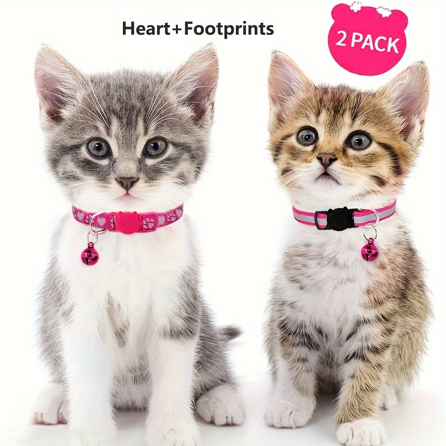 Reflective cat collars with footprints, bells, and breakaway design for kittens - 2 pieces, geometric pattern, polyester.