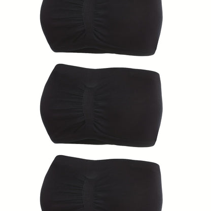 Set of 3 elegant black bandeau bra tops with anti-slip chest wrap, seamless strapless design.