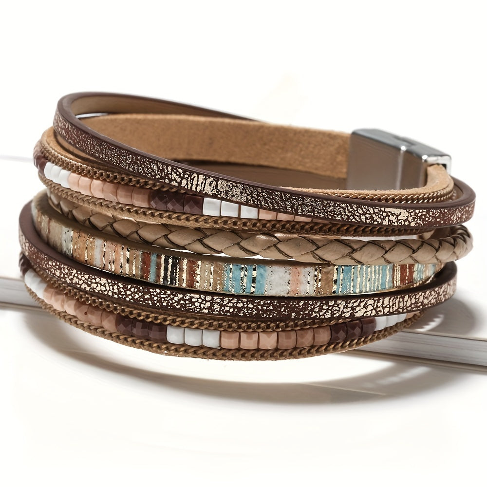 Rustic-chic, handmade layered faux leather bracelet featuring a magnetic alloy clasp - a classic addition to any vintage-inspired wardrobe, perfect for bohemian fashionistas.