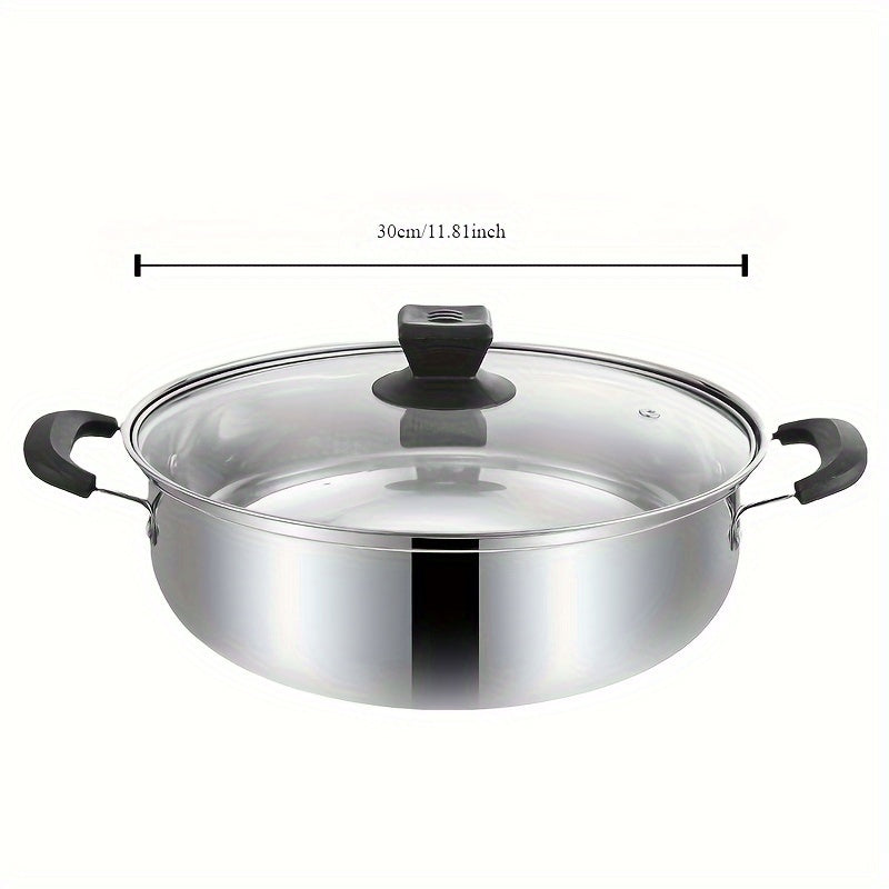 Large capacity stainless steel hot pot with lid, perfect for home and commercial use. This induction-compatible cookware set is ideal for making clear soup. The magnetic base allows for use on induction stovetops without the need for a power supply.