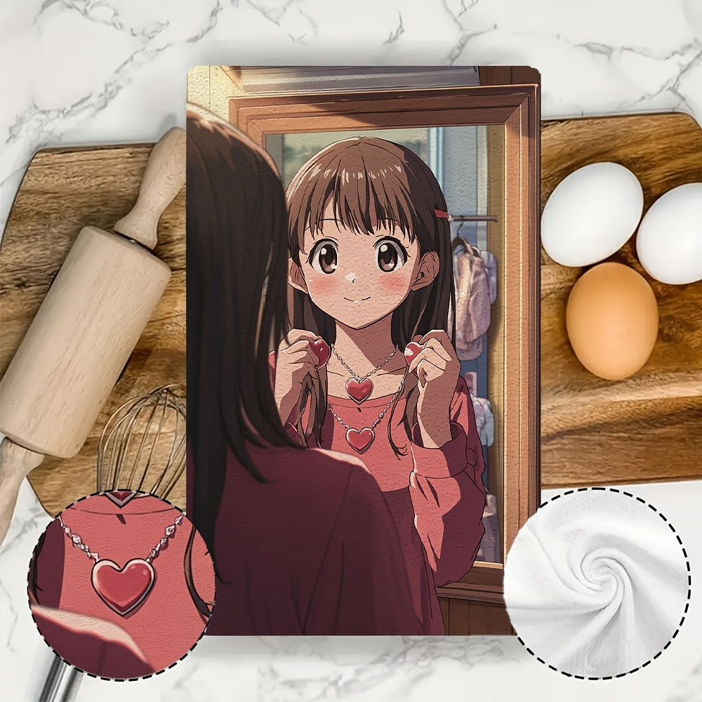 Set of 2 Kitchen Towels - Featuring a Young Anime Girl Trying on Heart Shaped Necklace with Joy, Ultra Soft and Highly Absorbent Dish Hand Towels for Holiday Decor, Machine Washable, 16x24 Inch - Item Code: 2KYSYS1215082