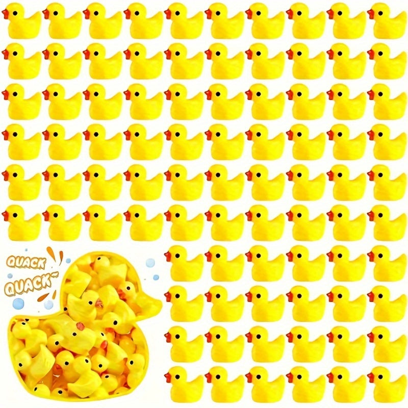 100 yellow resin duck figurines for DIY crafts, holiday decor, and moss landscapes. Requires no electricity for indoor or outdoor desktop decoration.