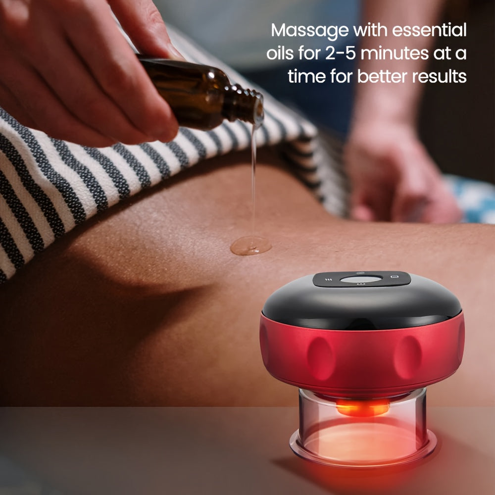 Portable electric vacuum cupping machine for home spa, rechargeable via USB with heating function for back, neck, and arm massage. Powered by 18650 battery at 36V or lower.