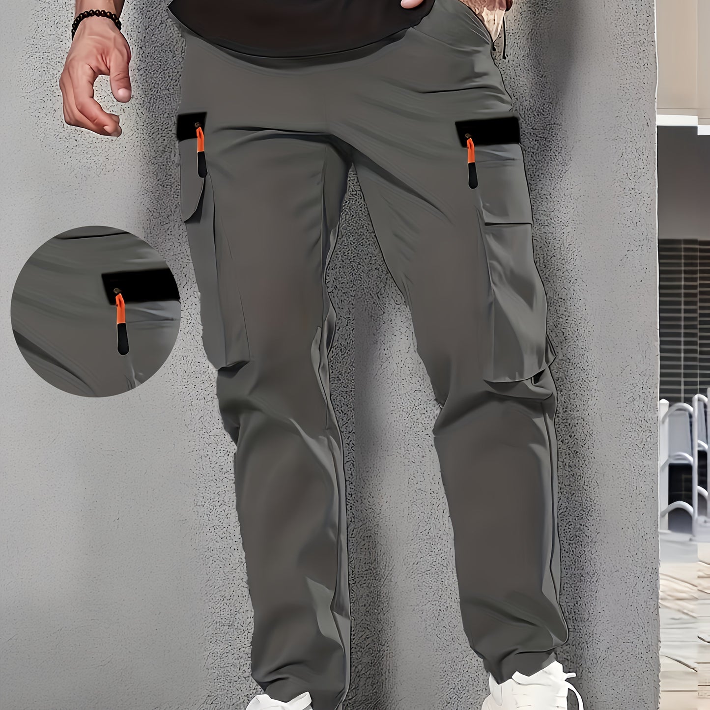 Men's casual cargo pants made of 100% polyester with an elastic waist, multi-pocket design, regular length, and loose fit for spring and fall wear.