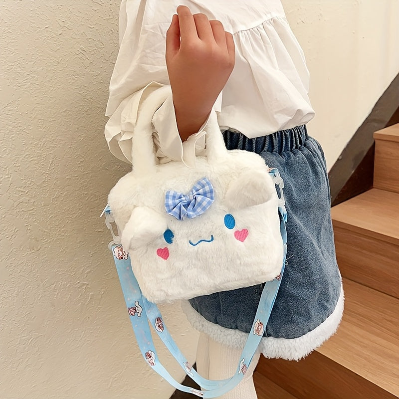 Sanrio plush handbag with Hello Kitty, for Kuromi, My Melody, and Cinnamoroll wallets, and cute fluffy crossbody bag from anime series.