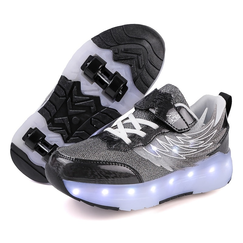 LED light-up roller skates for boys and girls, USB rechargeable with 4 wheels. Breathable and durable for indoor/outdoor use. All-season sports shoes with secure fit closure. Trendy glowing