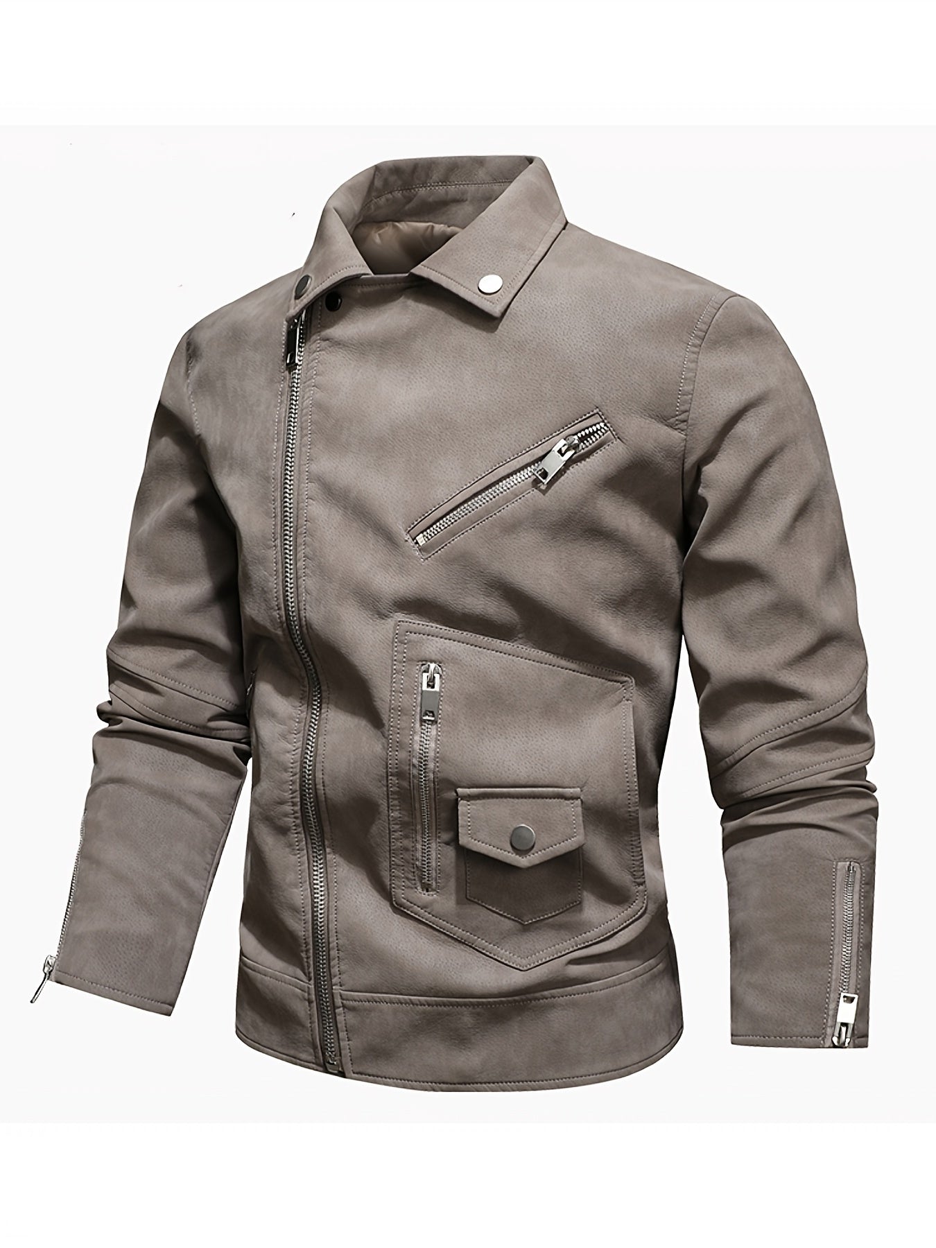 Vintage style men's jacket with long sleeves, zipper closure, pockets, polyester lining, and regular fit for outdoor activities.