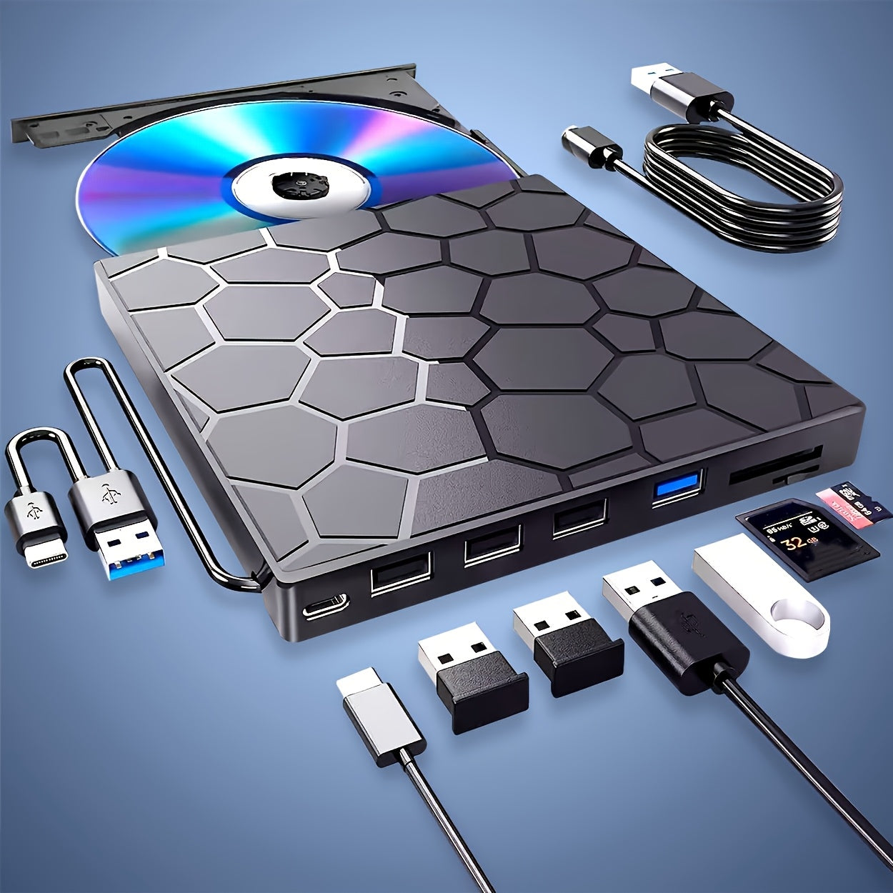 Ultra-slim 8-in-1 USB 3.0 external CD/DVD drive compatible with laptops, desktops, Mac, Windows, and Linux for playing and burning CDs, VCDs, and DVDs.