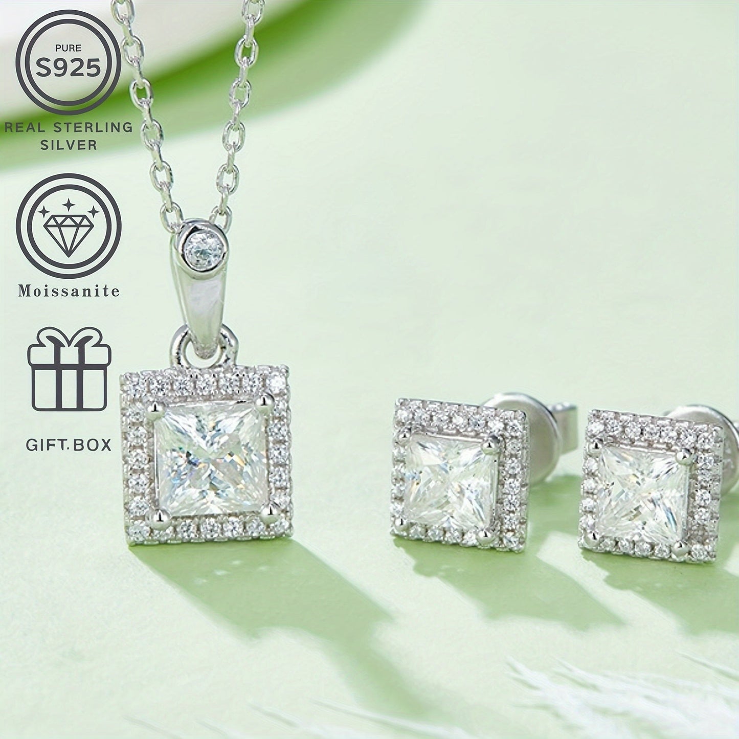 3-piece set of Sterling Silver Moissanite Jewelry, featuring a 1.0ct Center Stone and 0.5ct Stud Earrings. Designed with a sexy street style and elegant classic design, perfect for everyday wear and vacations. Silver plated and ideal for gifting on