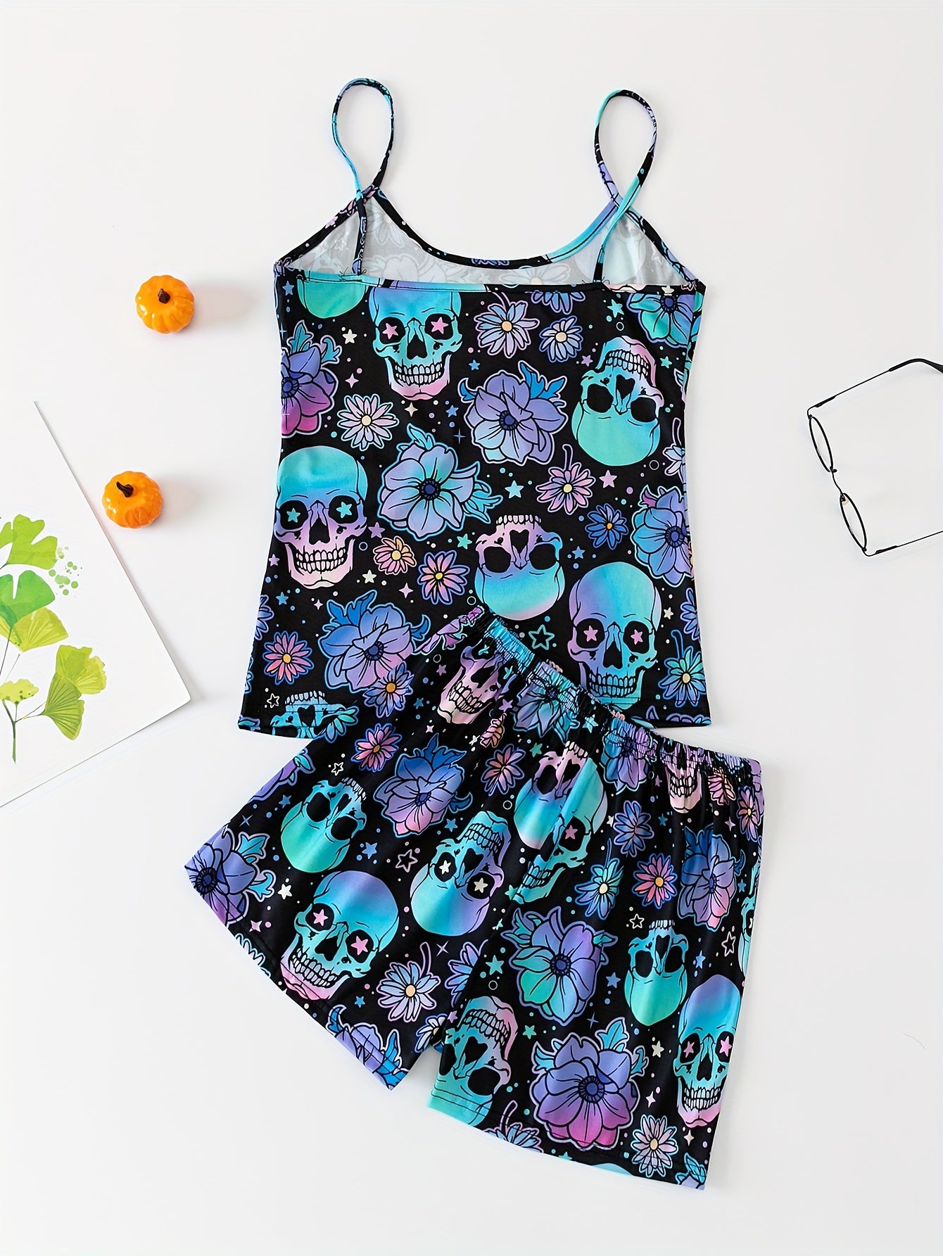 Gothic pajama set with skull and floral print, backless cami top, and elastic shorts for women's sleepwear.