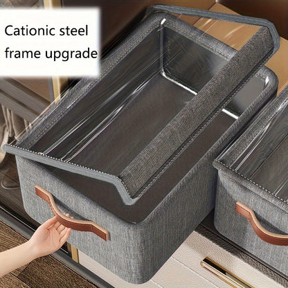 Steel framed storage bins that save space, perfect for organizing clothes and pants in wardrobes or dorms. Waterproof and sturdy construction ideal for under-bed storage.