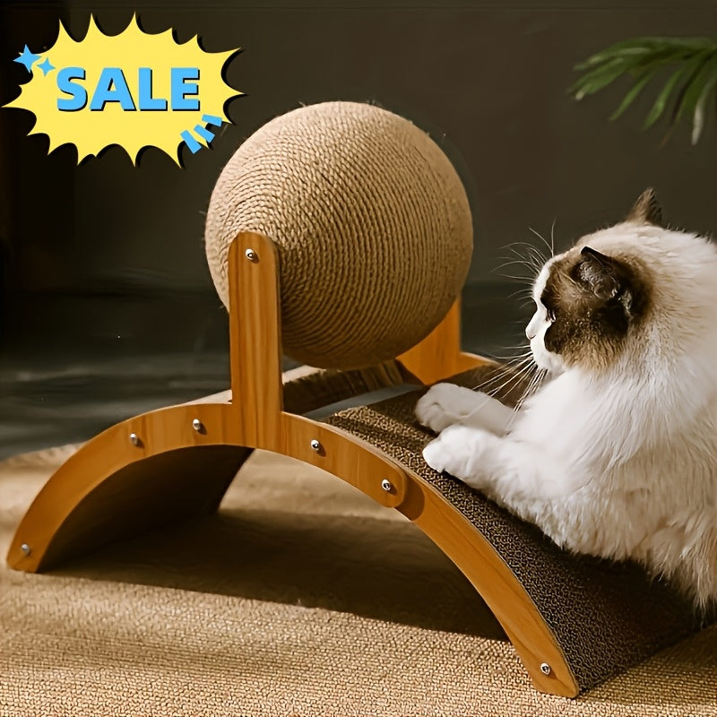 Sturdy wooden base with sisal cat scratcher and interactive ball toy for playful cats.