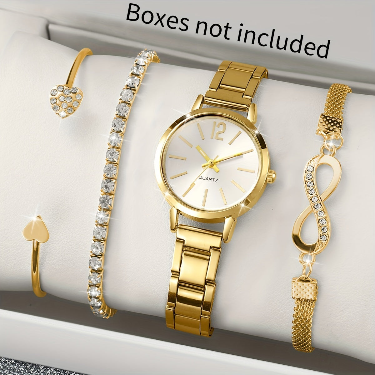 Elegant women's quartz watch and bracelet set with non-rechargeable battery, featuring a round alloy case and fashionable minimalist design. Stylish ladies' accessory (box not included).