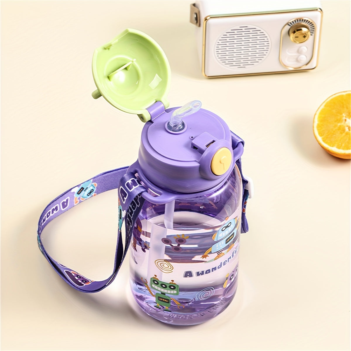 650ml Plastic Cup with One-Button Pop Lid, Cartoon Anime Strap, Portable and Cute