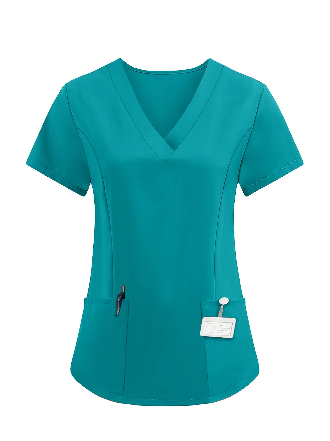 Short-sleeved V-neck work attire, hand-washable, with functional patch bag.