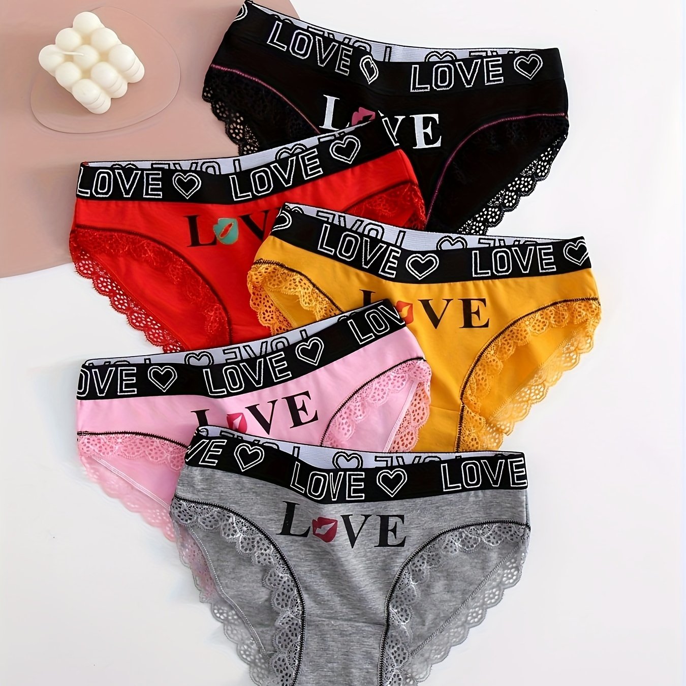 5 Contrast Lace Letter Print Briefs, Comfy Scallop Trim Panties, Women's Lingerie & Underwear