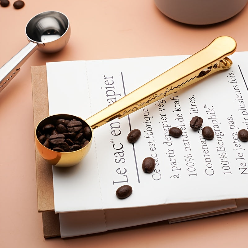 Clip-on measuring spoon set made of stainless steel, including spoons for coffee, milk powder, and sealing food bags.