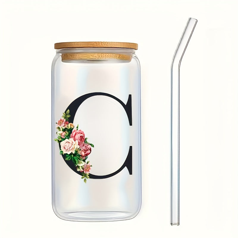 Alphabet flowers drinking glass with bamboo lid and straw, ideal birthday gift for women, friends, girls. 16 oz coffee glass, perfect for moms.